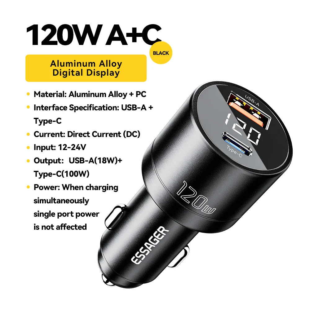 Cargador de coche Essager PD de 120 W: carga ultrarrápida con USB-C y QC 4.0 para iPhone y Samsung