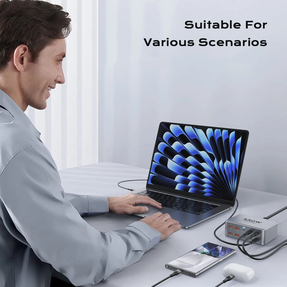 ChargePro 330W GaN Desktop Station – USB-C PD Fast Charger for MacBook & Smartphones