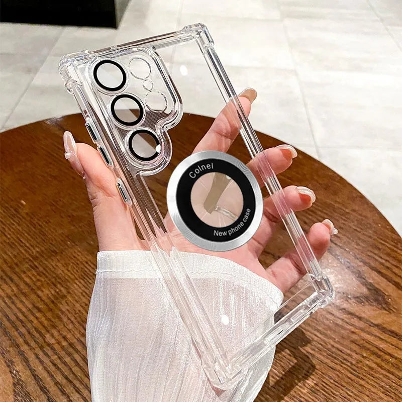 LuxeMag Elite MagSafe Case – Plated Transparent Shockproof Cover for Samsung Galaxy S20–S25