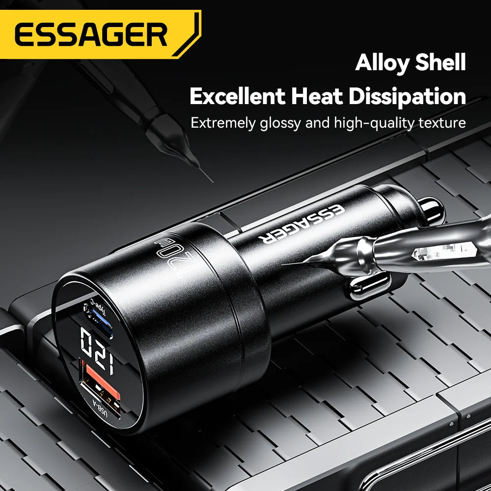 Essager 120W PD Car Charger – Super Fast USB-C & QC 4.0 Charging for iPhone and Samsung