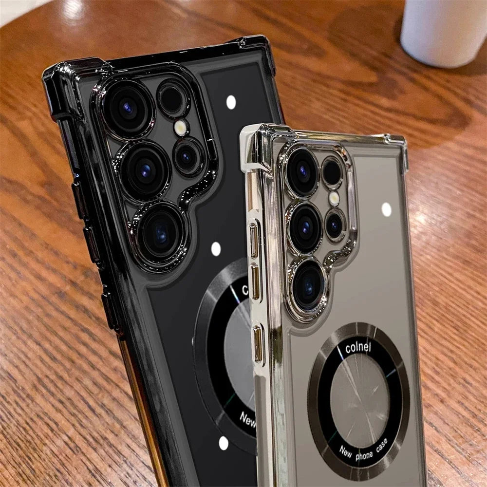 LuxeMag Elite MagSafe Case – Plated Transparent Shockproof Cover for Samsung Galaxy S20–S25