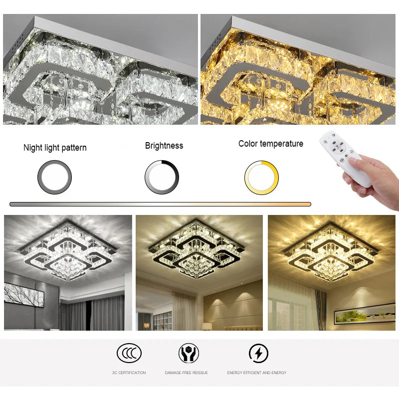 Luxury Crystal LED Ceiling Light Fixture – Contemporary Flush Mount with Adjustable Cool White Lighting