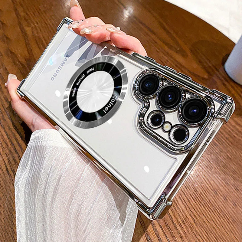 LuxeMag Elite MagSafe Case – Plated Transparent Shockproof Cover for Samsung Galaxy S20–S25