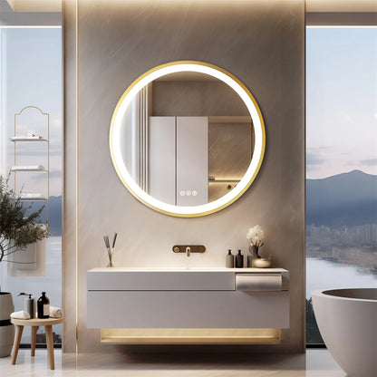 Aurea Round LED Bathroom Mirror – Gold Frame, Anti-Fog & Dimmable Light