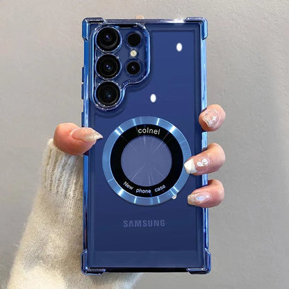 LuxeMag Elite MagSafe Case – Plated Transparent Shockproof Cover for Samsung Galaxy S20–S25