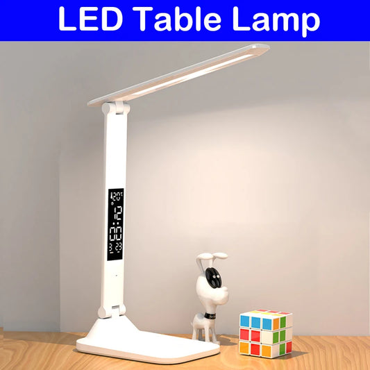 Smart Folding LED Desk Lamp – Touch Dimmable USB Reading Light with Clock & Thermometer