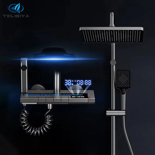 Modern Grey Rain Shower Set – Ambient LED Light with Digital Display