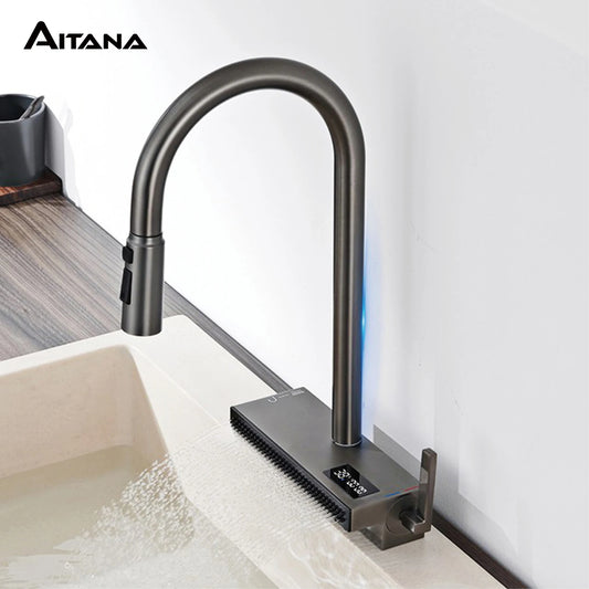 EliteFlow Gunmetal LED Digital Kitchen Tap – Pull-Out Hot & Cold Mixer
