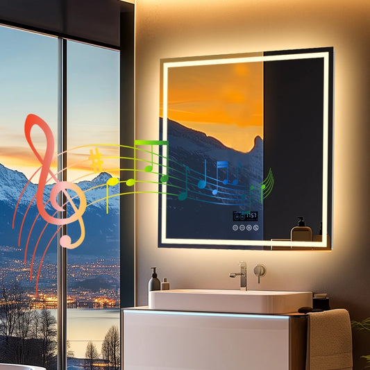 PureTech Square LED Mirror – Bluetooth Audio, Anti-Fog Memory & Ambient Backlighting