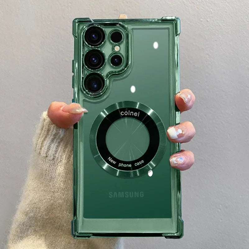 LuxeMag Elite MagSafe Case – Plated Transparent Shockproof Cover for Samsung Galaxy S20–S25