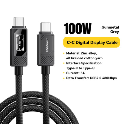 Cable de carga ESSAGER Premium USB-C a USB-C PD de 100 W con pantalla digital para dispositivos Apple