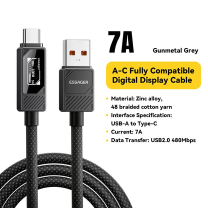 Cable de carga ESSAGER Premium USB-C a USB-C PD de 100 W con pantalla digital para dispositivos Apple