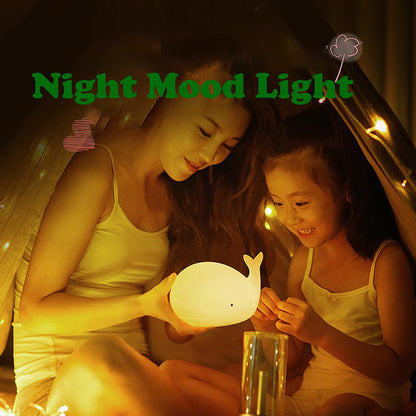 Cartoon Whale LED Night Lamp – RGB Rechargeable Silicone Light for Kids