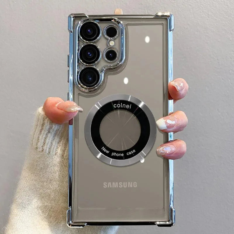 LuxeMag Elite MagSafe Case – Plated Transparent Shockproof Cover for Samsung Galaxy S20–S25