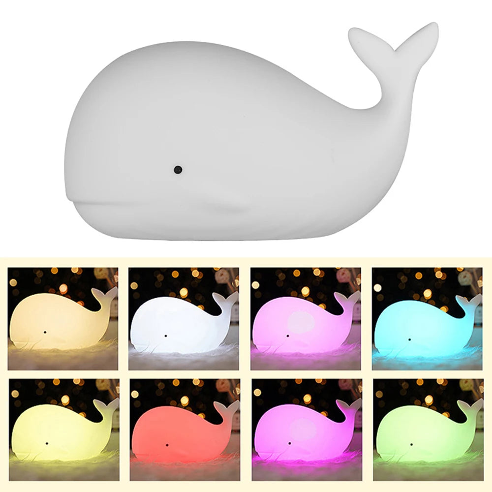 Cartoon Whale LED Night Lamp – RGB Rechargeable Silicone Light for Kids