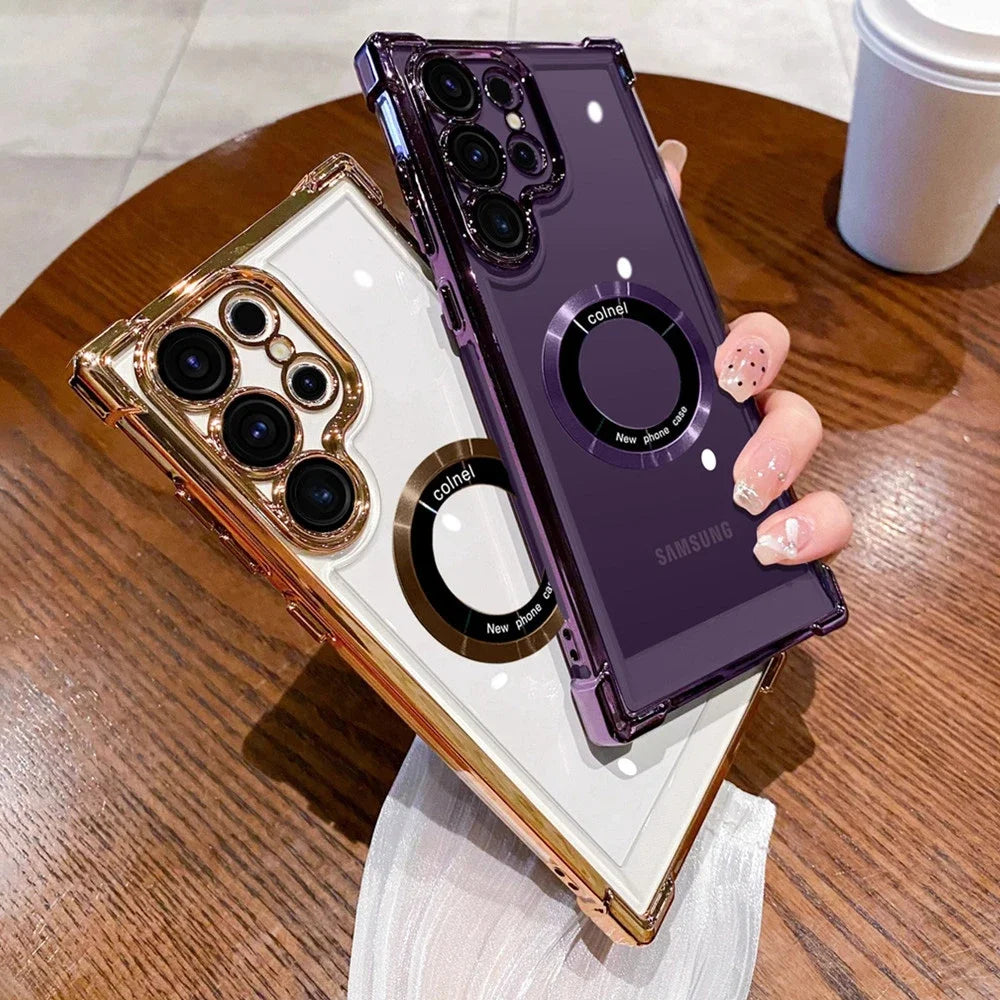 LuxeMag Elite MagSafe Case – Plated Transparent Shockproof Cover for Samsung Galaxy S20–S25