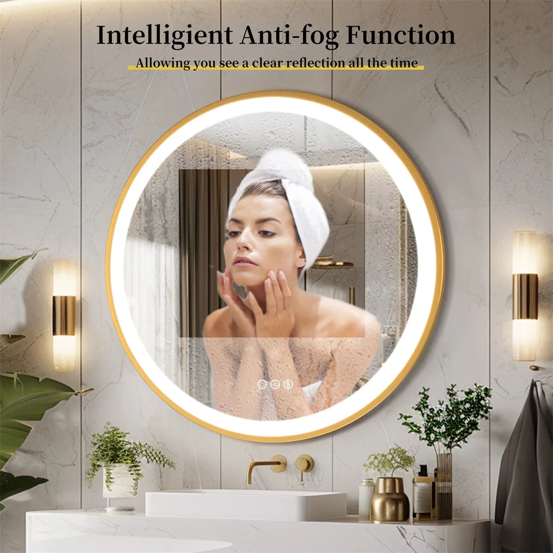 Aurea Round LED Bathroom Mirror – Gold Frame, Anti-Fog & Dimmable Light