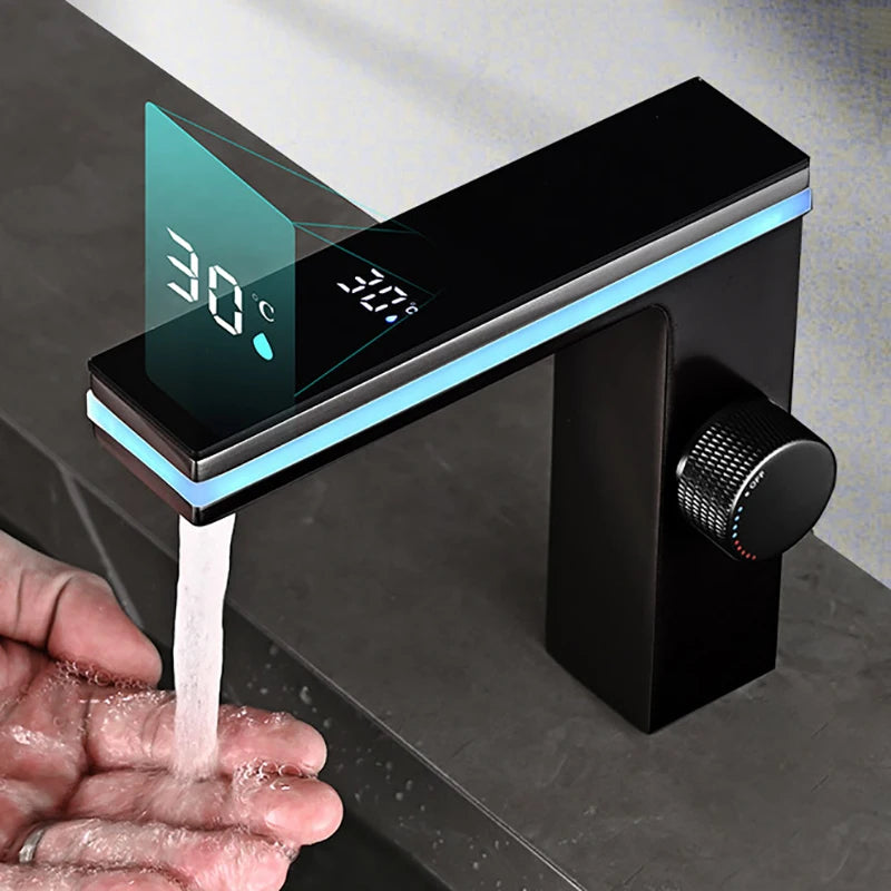 Grifo de lavabo de baño con pantalla digital, grifo inteligente LED de latón para lavabo de montaje en cubierta, mezclador de agua fría y caliente, grifo de tocador