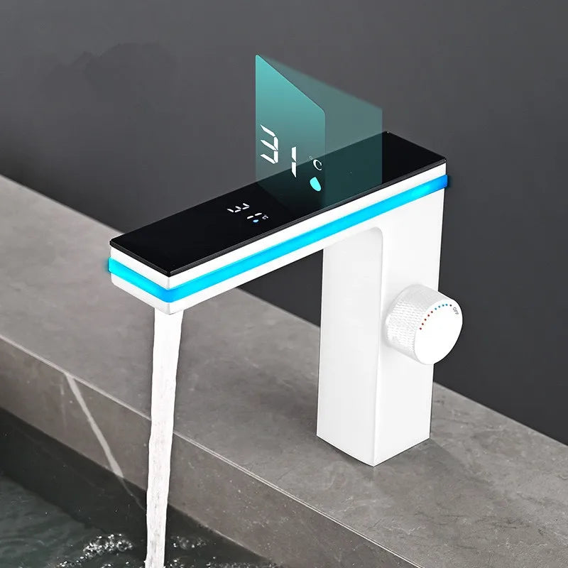 Grifo de lavabo de baño con pantalla digital, grifo inteligente LED de latón para lavabo de montaje en cubierta, mezclador de agua fría y caliente, grifo de tocador
