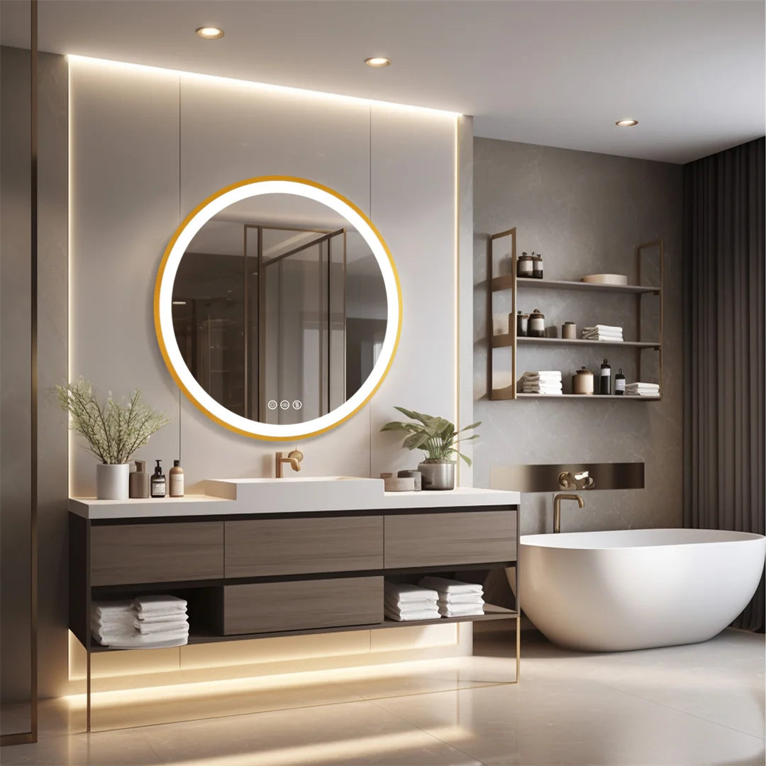 Aurea Round LED Bathroom Mirror – Gold Frame, Anti-Fog & Dimmable Light