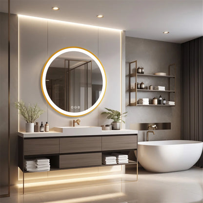 Aurea Round LED Bathroom Mirror – Gold Frame, Anti-Fog & Dimmable Light