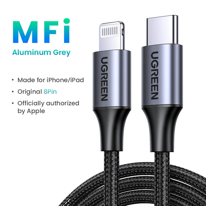 Cable USB-C a Lightning UGREEN con certificación Apple MFi y carga rápida PD de 20 W/30 W para iPhone 14/13/12