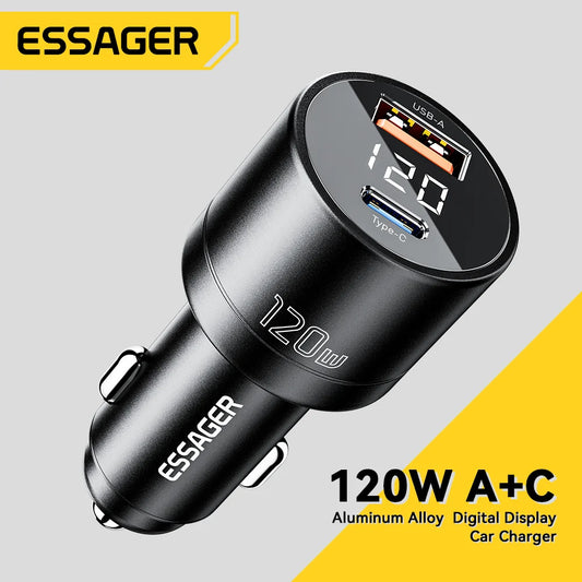 Essager 120W PD Car Charger – Super Fast USB-C & QC 4.0 Charging for iPhone and Samsung