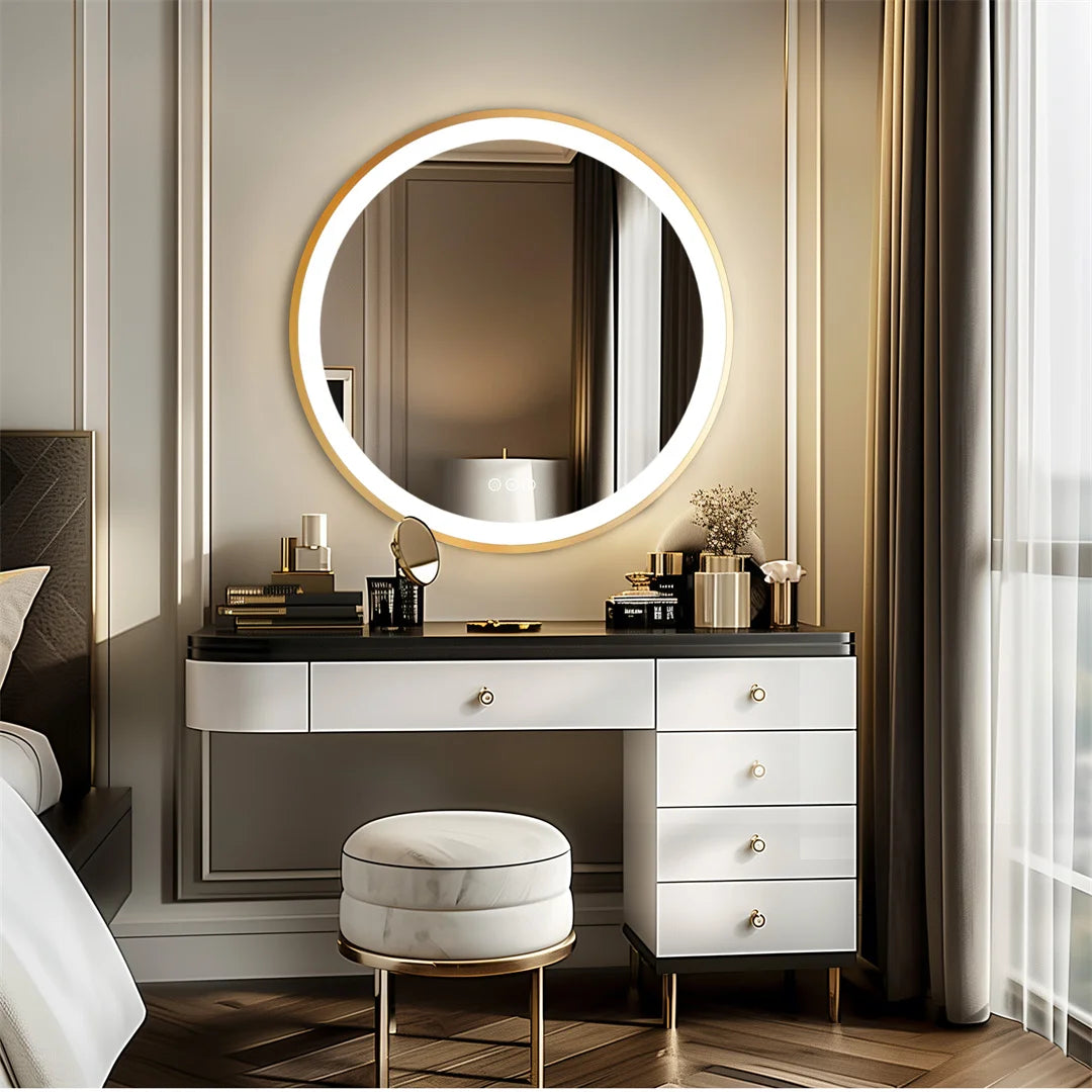 Aurea Round LED Bathroom Mirror – Gold Frame, Anti-Fog & Dimmable Light