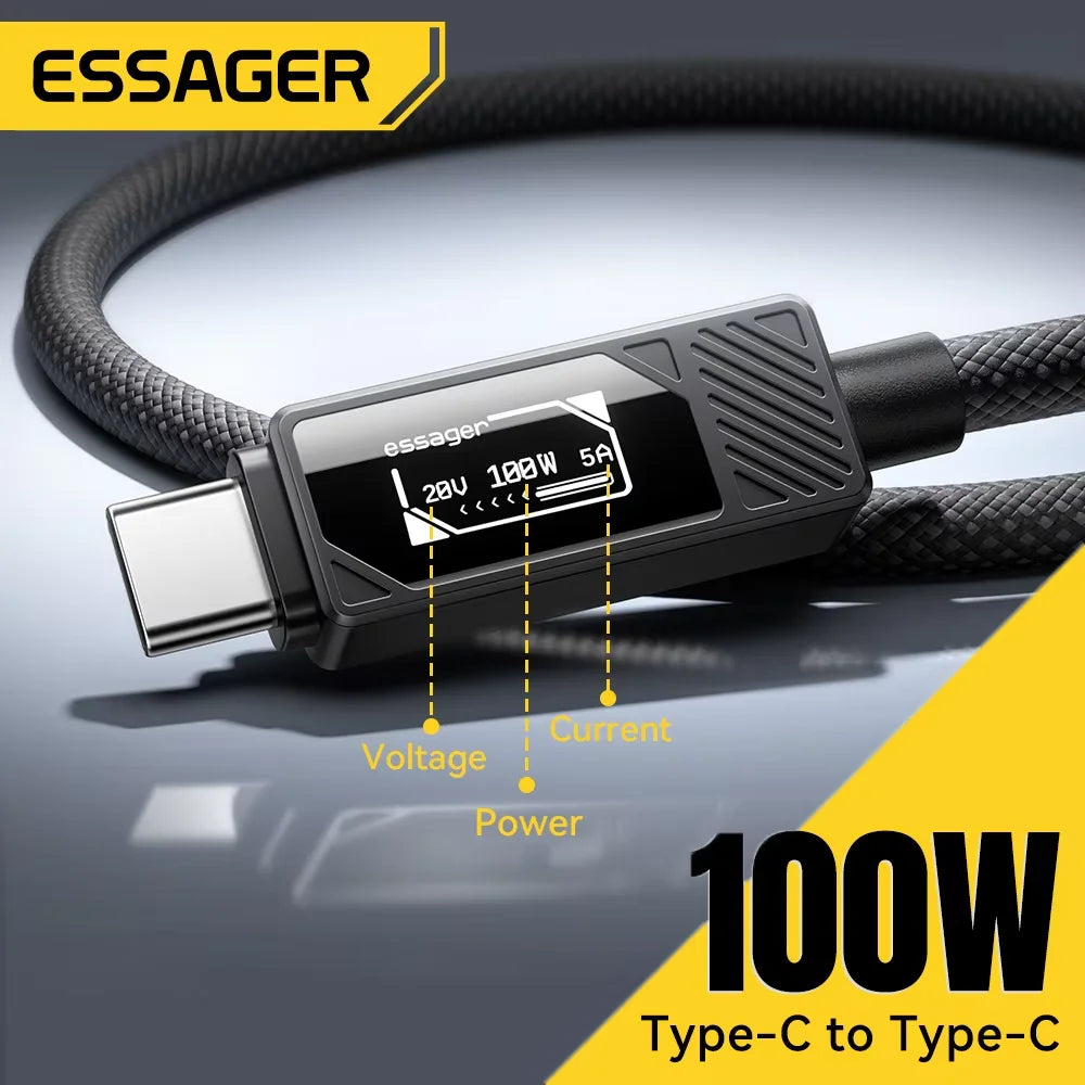 Cable de carga ESSAGER Premium USB-C a USB-C PD de 100 W con pantalla digital para dispositivos Apple